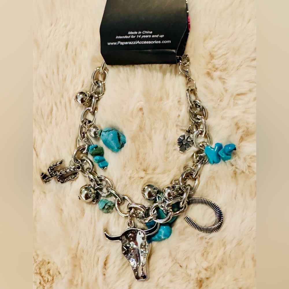 Paparazzi Silver and Blue Charm Bracelet with horseshoe, bull, cactus, ect. NEW! - Picture 2 of 2